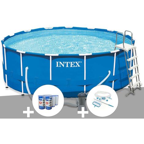 Kit piscine tubulaire Intex Metal Frame ronde 4,57 x 1,22 m + 6 cartouches de filtration + Kit d'entretien - Bleu