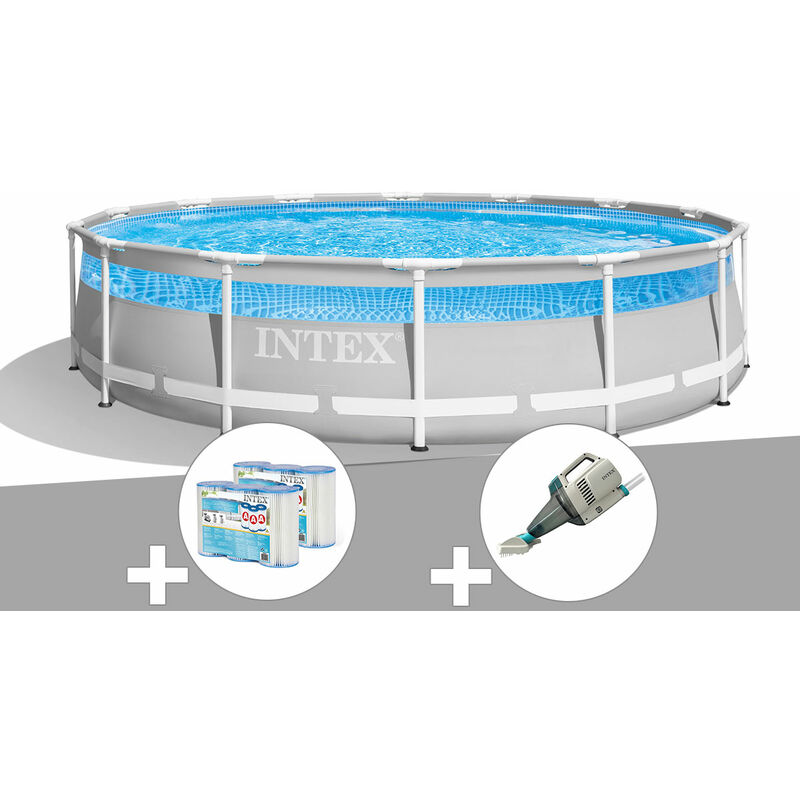 Intex - Kit piscine tubulaire Prism Frame Clearview ronde 4,27 x 1,07 m + 6 cartouches de filtration + Aspirateur