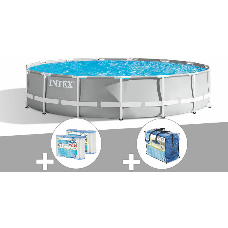 Intex - Kit piscine tubulaire Prism Frame ronde 4,57 x 1,07 m + Bâche à bulles + 6 cartouches de filtration