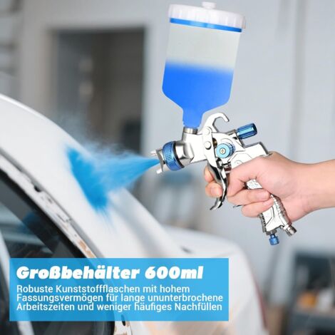 Kit pistola a spruzzo per vernice HVLP con 3 ugelli (1,4/1,7/2,0 mm) – Pistola a spruzzo per vernice professionale ad aria compressa con serbatoio in plastica da 600 ml, pressione e flusso dell'aria r