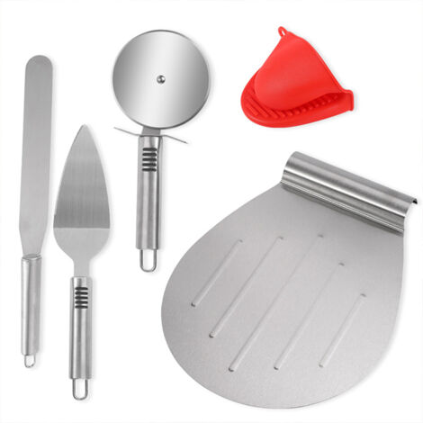 Kit pizza 5 piezas acero inoxidable 28cm – Pala redonda, cortador, espátula y guante anti-quemaduras