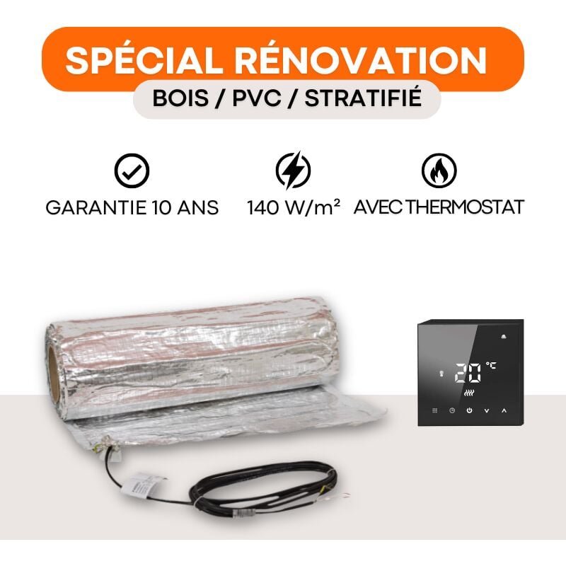 Kit Plancher chauffant électrique sous parquet + Thermostat Wifi tactile (tft) Ignis 140 W/m² : 1260 w - 9 m² : longueur: 1800 cm - Largeur: 50 cm