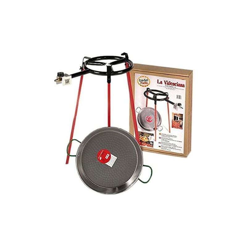 EDM - Ensemble de poêles à paella polies de 38 cm avec trépied et brûleur à gaz de 300 mm. vaello
