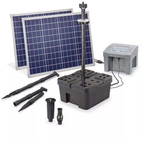Kit pompe solaire bassin jet d'eau Pro Batt Led 2600L-100W avec batterie, anneau led et filtre immergé