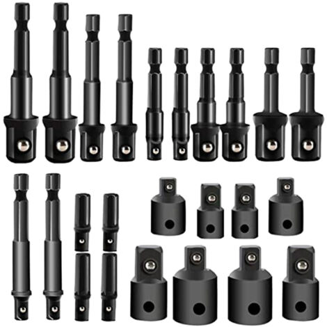 Kit portátil de 24 extensiones y adaptadores para vasos de impacto, con vástago hexagonal, para taladro.