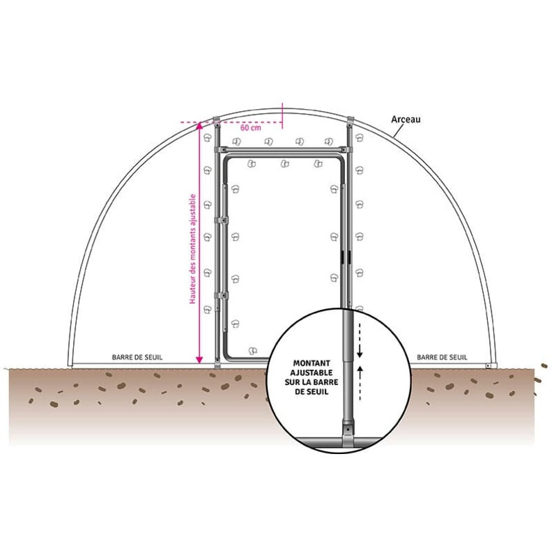 Kit porte adaptable pour serre de h min 1,80 m - max 2 m, Barre de seuil ø 25 mm, Diamètre de votre arceau 60 mm