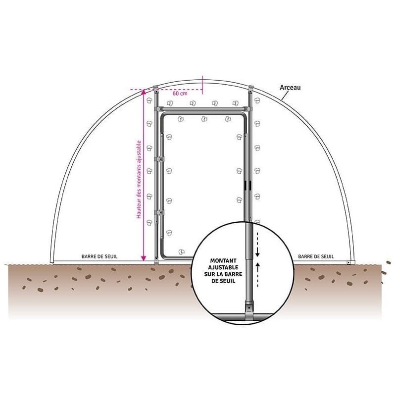 Kit porte adaptable pour serre de h min 1,80 m - max 2 m, Barre de seuil ø 30 mm, Diamètre de votre arceau 50 mm