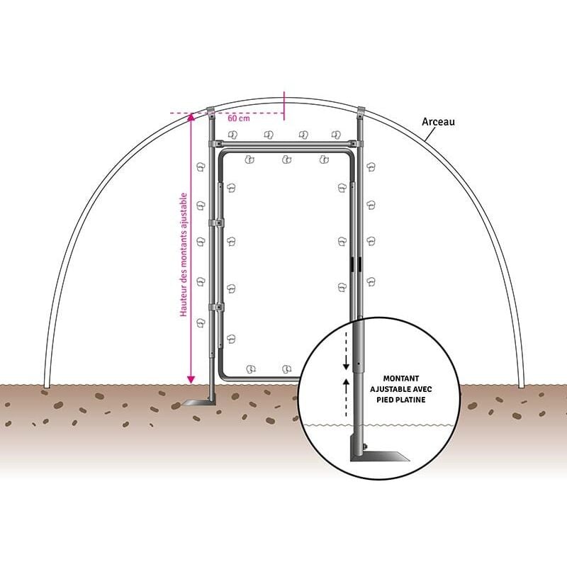 Kit porte adaptable pour serre de h min 2 m - max 2.50 m, Barre de seuil ø 32 mm, Diamètre de votre arceau 25 mm