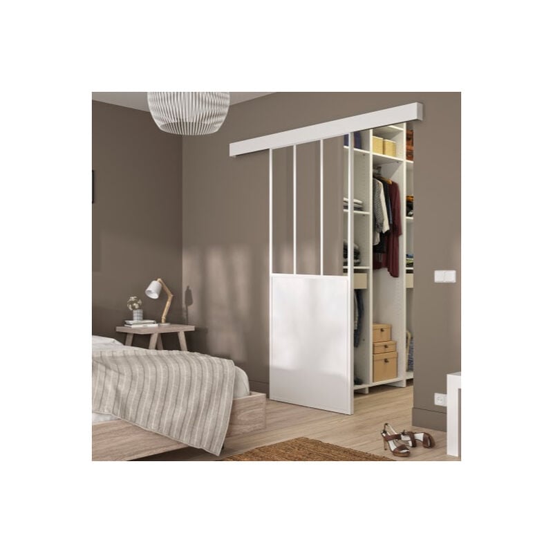 Optimum - Kit porte coulissante atelier blanc + rail 2 amortisseurs + cache rail décor assorti - verre transparent - 204 x 73 cm