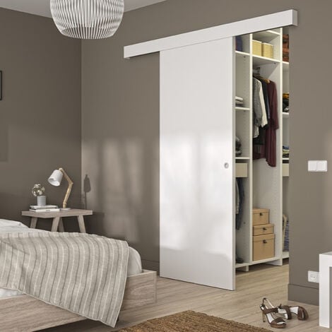 Kit porte coulissante DÉCOR BLANC - rail 2 amortisseurs + cache rail blanc - 204 x 93 cm