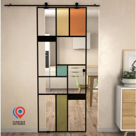 KIT Porte coulissante en verre + Rail à pince couleur Noir Coffrage - MONDO CLAIRE - H. 200,5 x L. 72,5 - Fabrication Française AURYS NORMANDIE