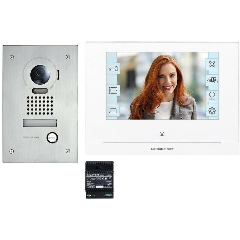 Kit interphone vidéo connecté Aiphone JOS1FW, commande à distance par smartphone, portier vidéo avec platine encastrée, écran 7' & module wifi intégré