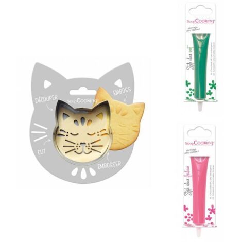 Kit pour biscuit en relief Chat + 2 Stylos au chocolat vert et fuchsia