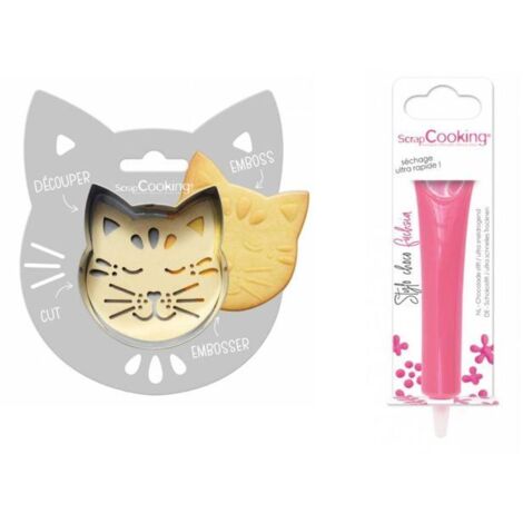 Kit pour biscuit en relief Chat + Stylo au chocolat fuchsia