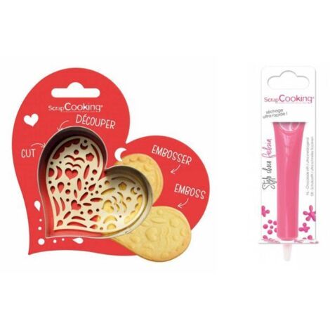 Kit pour biscuit en relief Coeur + Stylo au chocolat fuchsia
