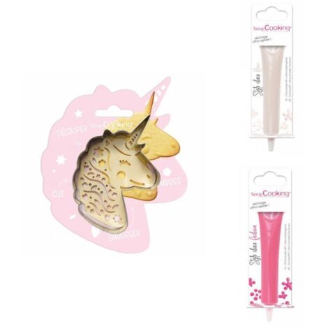 Kit pour biscuit en relief Licorne + 2 Stylos au chocolat blanc et fuchsia