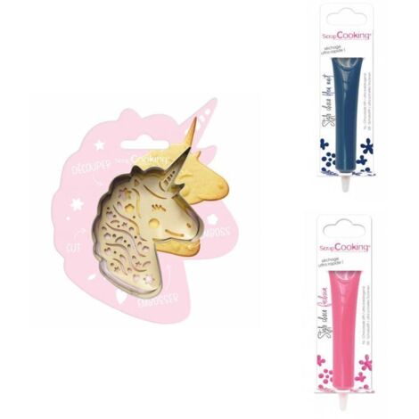 Kit pour biscuit en relief Licorne + 2 Stylos au chocolat bleu nuit et fuchsia