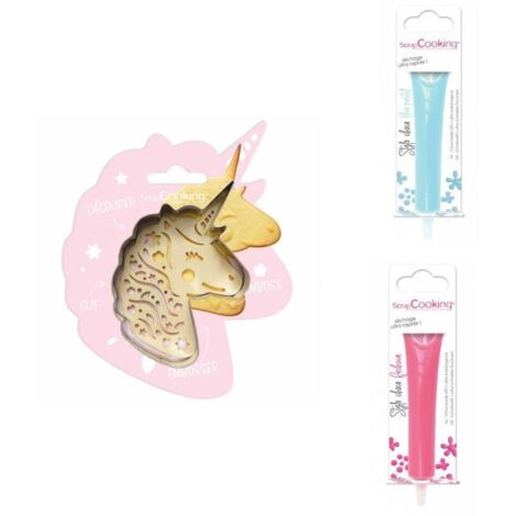 Kit pour biscuit en relief Licorne + 2 Stylos au chocolat bleu pastel et fuchsia