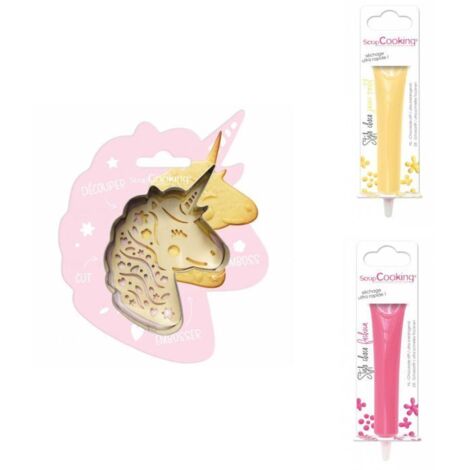 Kit pour biscuit en relief Licorne + 2 Stylos au chocolat jaune pastel et fuchsia