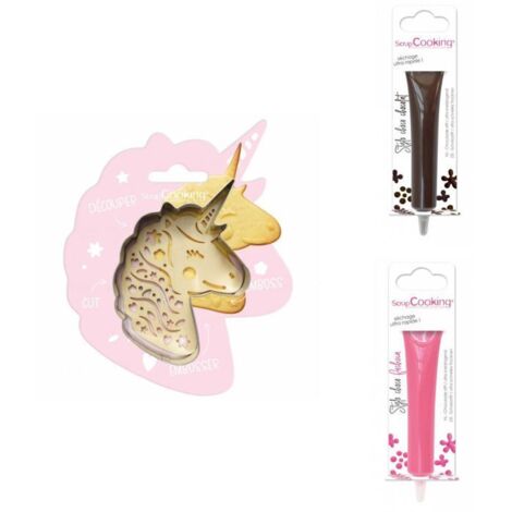 Kit pour biscuit en relief Licorne + 2 Stylos au chocolat marron et fuchsia