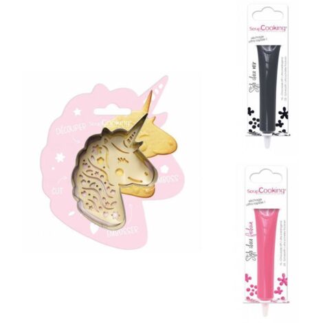 Kit pour biscuit en relief Licorne + 2 Stylos au chocolat noir et fuchsia