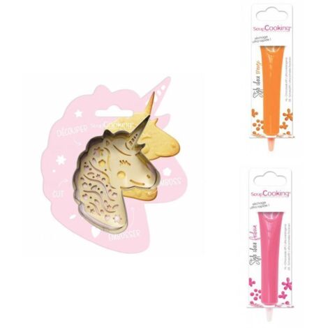 Kit pour biscuit en relief Licorne + 2 Stylos au chocolat orange et fuchsia