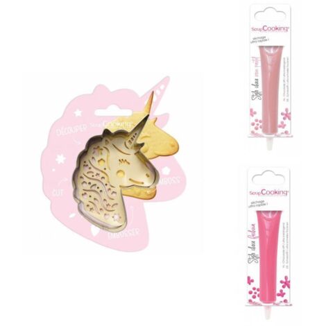 Kit pour biscuit en relief Licorne + 2 Stylos au chocolat rose pastel et fuchsia