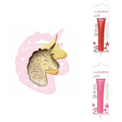 Kit pour biscuit en relief Licorne + 2 Stylos au chocolat rouge et fuchsia