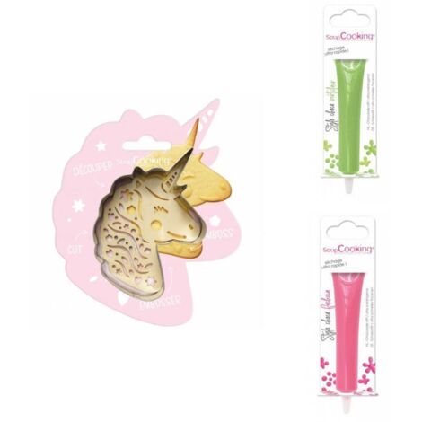 Kit pour biscuit en relief Licorne + 2 Stylos au chocolat vert clair et fuchsia