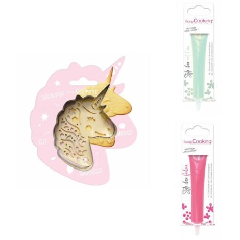Kit pour biscuit en relief Licorne + 2 Stylos au chocolat vert d'eau et fuchsia