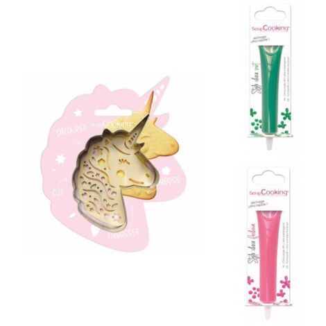 Kit pour biscuit en relief Licorne + 2 Stylos au chocolat vert et fuchsia