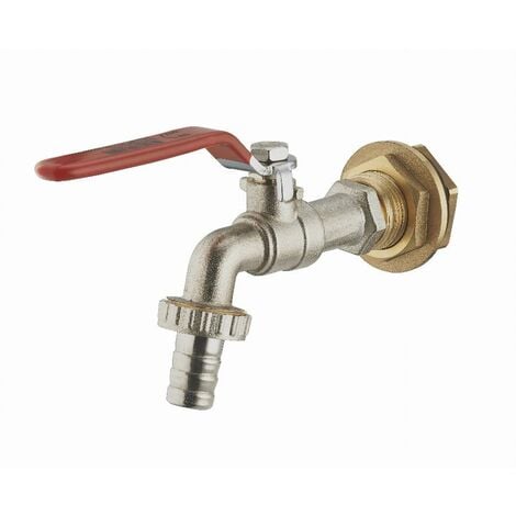 Kit pour cuve plastique : traversée de cuve laiton mâle M3/4' (20x27) femelle F1/2' (15x21) avec contre écrou à plateau et joint d'étanchéité + robinet de puisage 1/4 de tour mâle M1/2' nez cannelé NOYON & THIEBAULT - Ø 15 mm + rouleau téflon - 970001