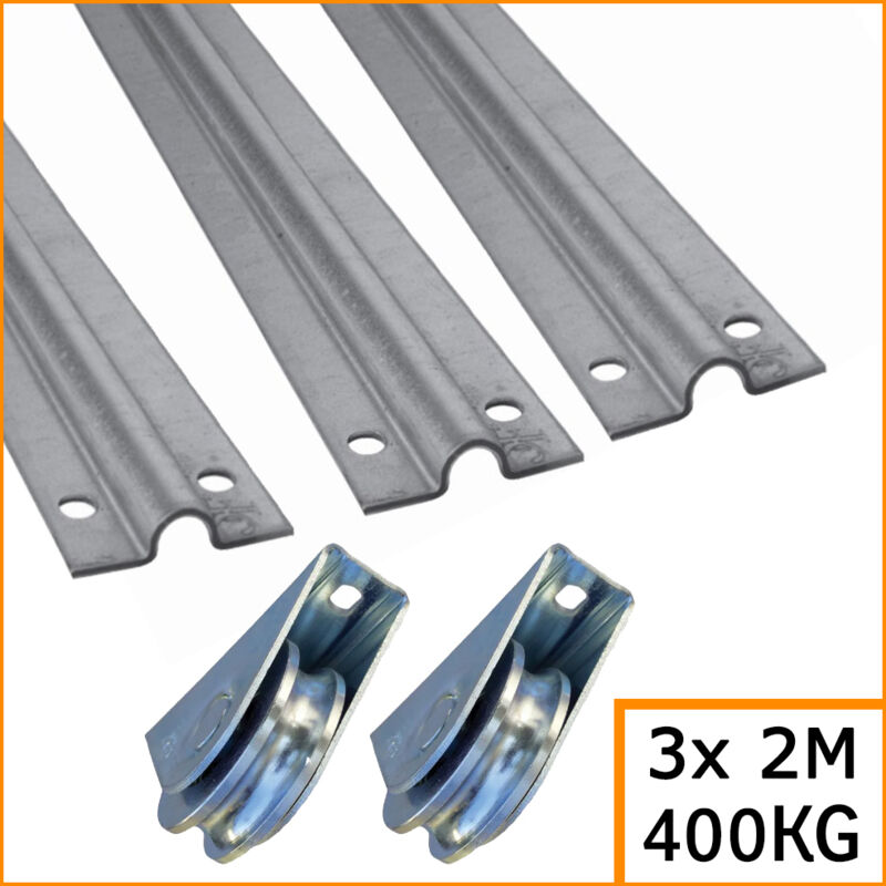 Kit pour portail coulissant jusqu'à 6M - 3 rails gorge ronde de 2M de long - 2 roues de 80mm qui supportent jusqu'à 400KG Deco Fer Forge