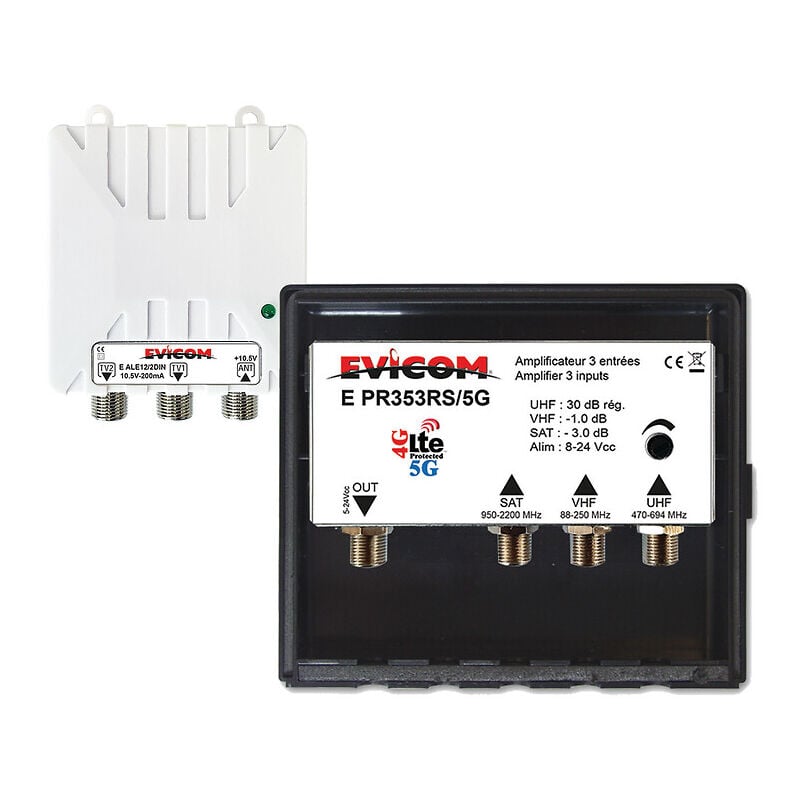 Evicom - Kit préamplificateur 30 dB avec couplage sat et vhf + alim. 10 Vcc 2 sorties
