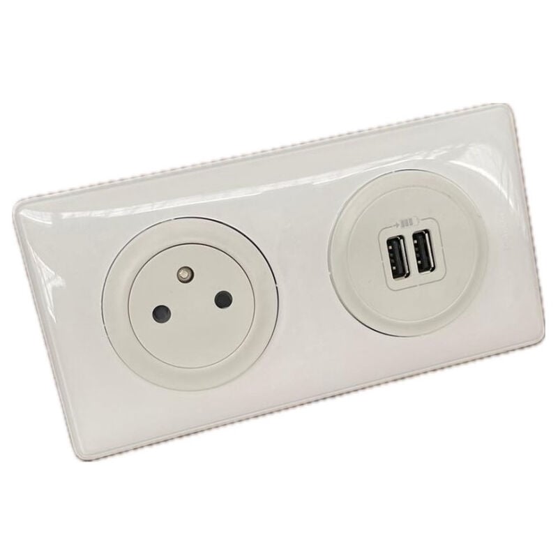 Kit prise 2P+T 16A + chargeur double USB type A 3A 230V à encastrer avec support + enjoliveur + plaque blanc Céliane LEGRAND