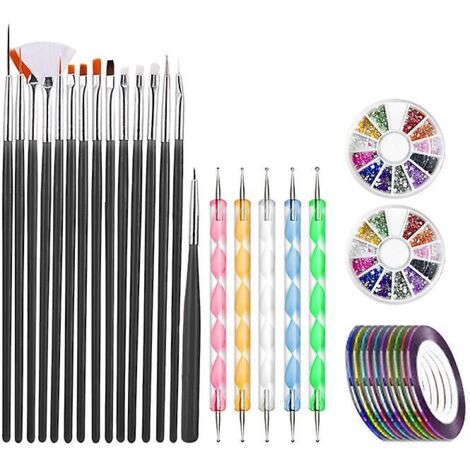 Kit professionnel de nail art : 32 pièces comprenant 15 pinceaux à ongles, 5 stylos à pointiller, 2 boîtes de strass pour ongles, 10 bandes adhésives pour nail art et des feuilles d’or et d’argent.