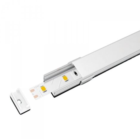 Kit Profilo Alluminio Completo Da 2 Metri Per Striscia Led, Larga Standard, Dimensione 19.710mm, Larghezza Interna 17mm, 109g/m, Copertura Opale, Tappi Chiusura e Clip Fissaggio Incluso,BAV23174