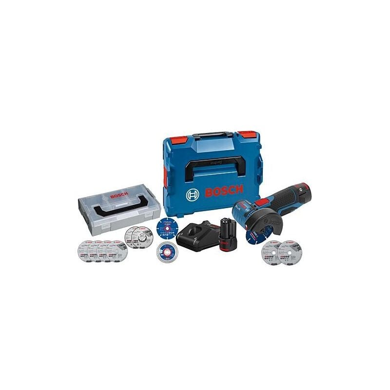 Kit Promo Bosch 2 pièces, composé d'une Meuleuse d'angle sans fil gws 12V76 et d'un jeu de Disques et jeu de batterie
