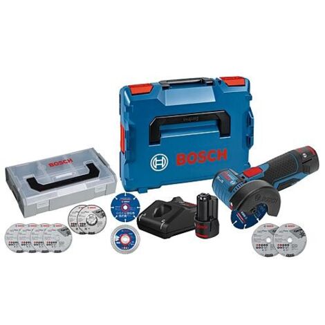 Kit Promo Bosch 2 pièces, composé d’une Meuleuse d’angle sans fil GWS 12V76 et d’un jeu de Disques et jeu de batterie