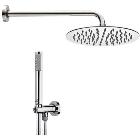 Kit promotion douche : tete de douche ronde, Ø 250mm, inox, avec tube mural 300mm, douchette, flex.
