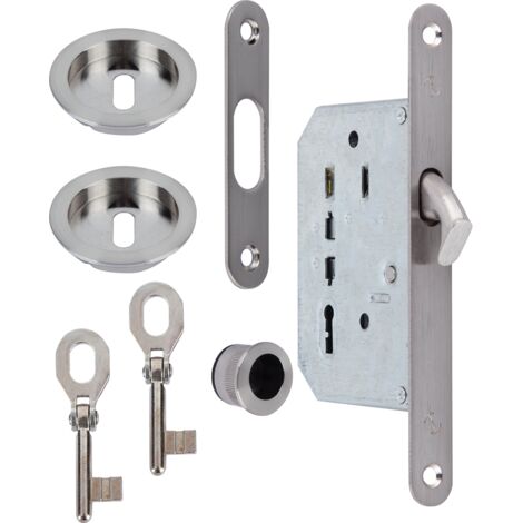Kit puerta corredera níquel satinado, picaporte uñero 16mm 2 llaves