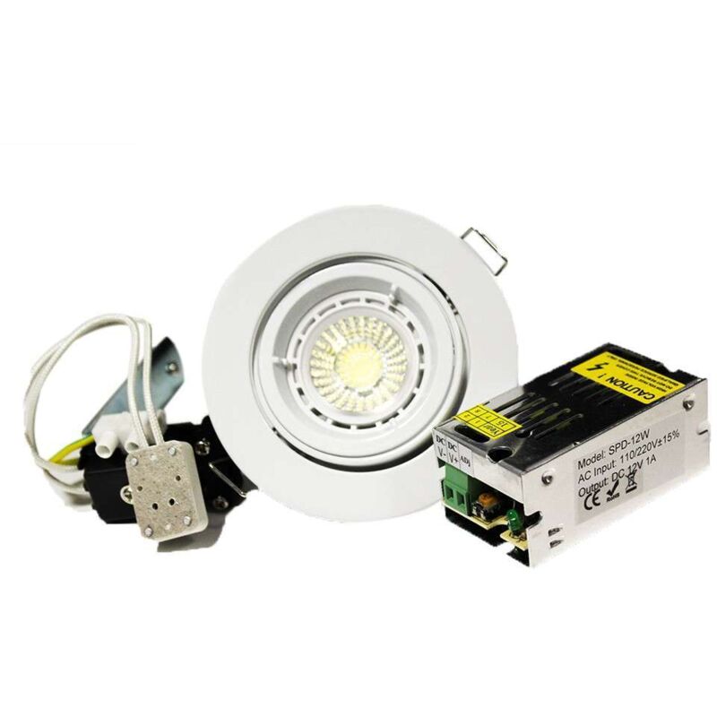 

Kit que incluye un MR16 12v 5W MR16 con soporte y base y transformador | LED de color: Blanco frío (6000-6500K) - Color del soporte: Blanco