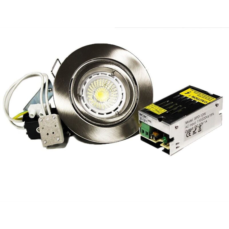 

Kit que incluye un MR16 12v 5W MR16 con soporte y base y transformador | LED de color: Blanco frío (6000-6500K) - Color del soporte: Metal cepillado
