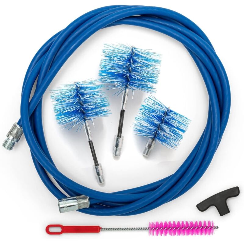 Kit Ramonage Poêle à Granulés, Kit Nettoyage Conduit Poêles à Granulés avec Rallonge Flexible 3 Mètres et Coude à 90°, 2 Brosses Flexibles en Nylon