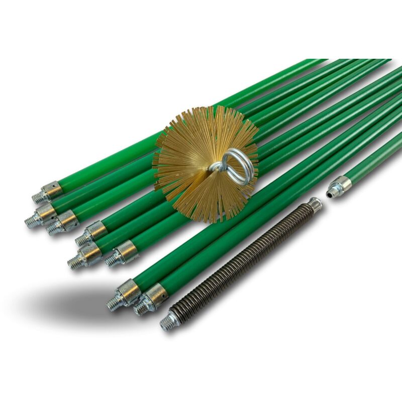 Kibros - Kit de ramonage pro conduits non gainés Hérisson acier ø 125 mm 12 m en 9 cannes vertes autobloquantes ø 18mm creuses Ressort de départ 81,4