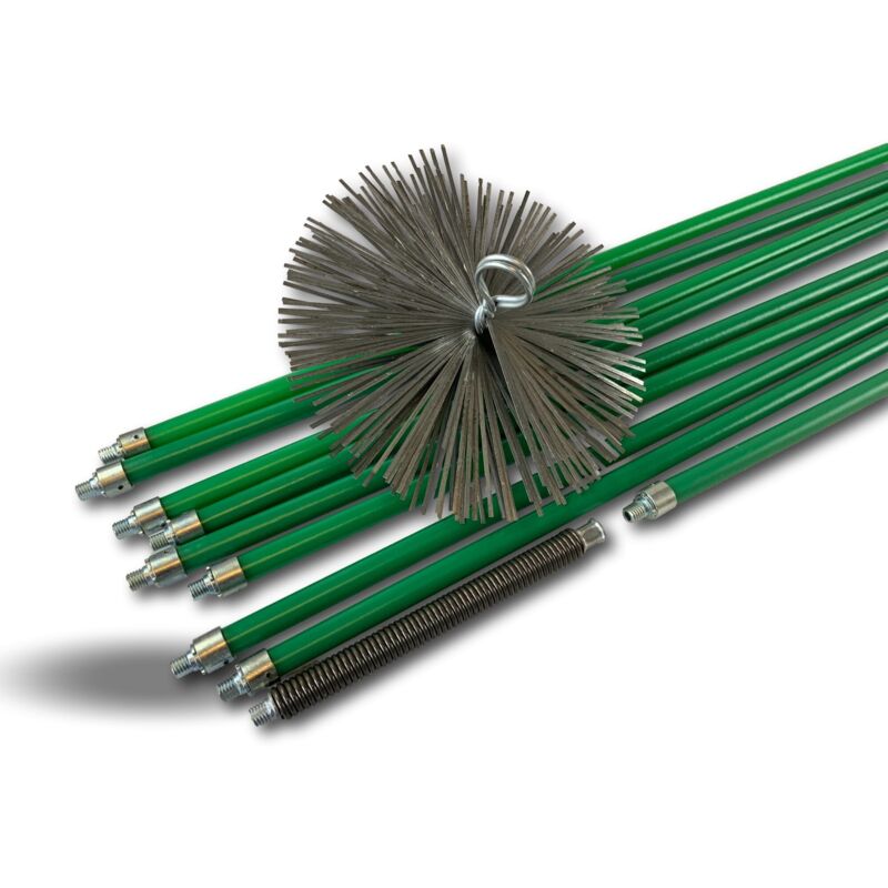 Kit de ramonage pro conduits non gainés Hérisson acier Ø 250 mm 12 m en 9 cannes vertes autobloquantes Ø 18mm creuses Ressort de départ 81,4 m + 11 m