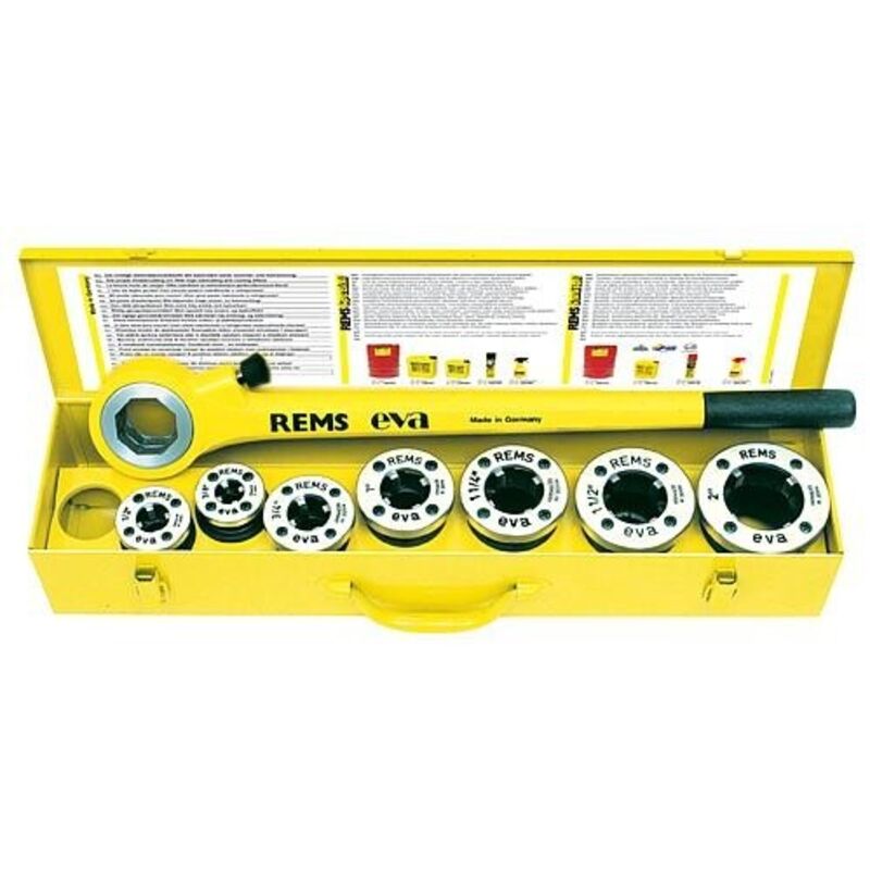 Rems Hand-Gewindeschneidkluppe eva Set R 1/2 -3/4 -1- 1 1/4-1 1/2-2, im Stahlblechkasten