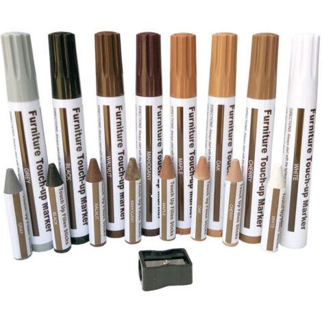 Kit réparation meubles, marqueurs retouche bois 8 couleurs + cire + taille-crayon