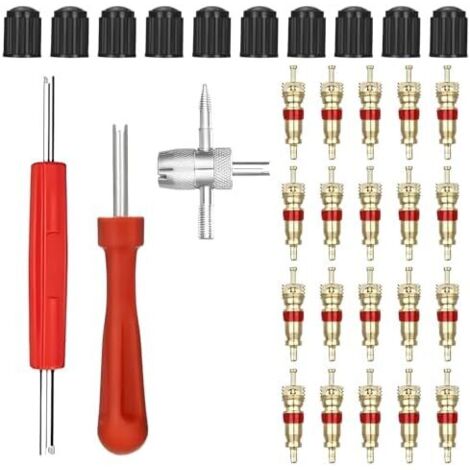 Kit Reparation Pneu Voiture, 33 Pcs avec Demonte Obus Valve à Double et Une Tête 4 en 1, 20 de 10 Capuchons Voiture pour Camions Vélos Motos Entretien Auto B -