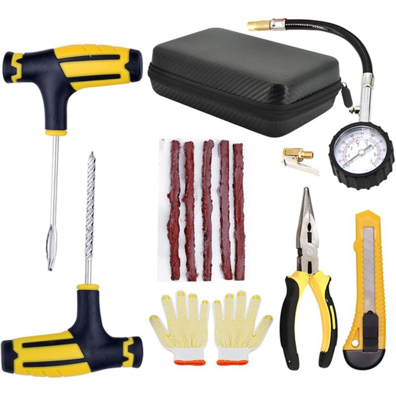 Kit Réparation Pneus Voiture Outil Réparation Crevaison de Pneu, Gants Réparation Rapide de Pneu, avec Jauge Pression Pneus, Bande Adhésive, Sac PVC,